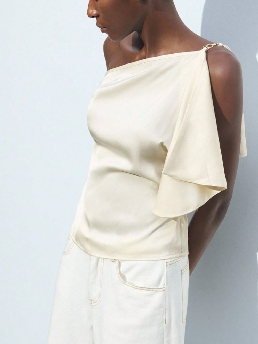 White Elegant Women's Asymmetrical Neck Top - Picture 4 of 6